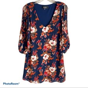 Lulus Navy White Orange Pink Floral Print Chiffon Cold Shoulder Dress